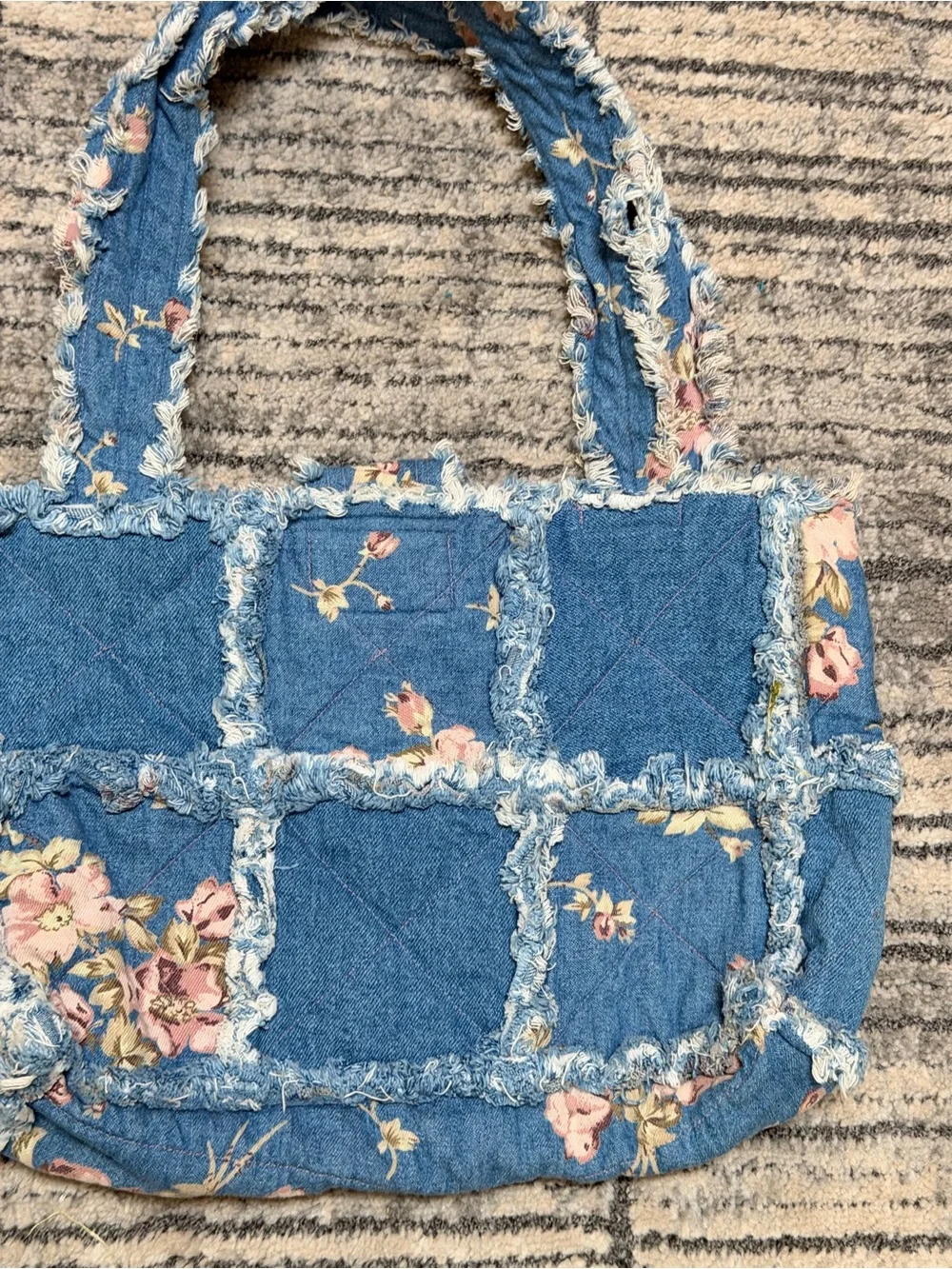 Blue Floral Denim Patchwork Tote Bag